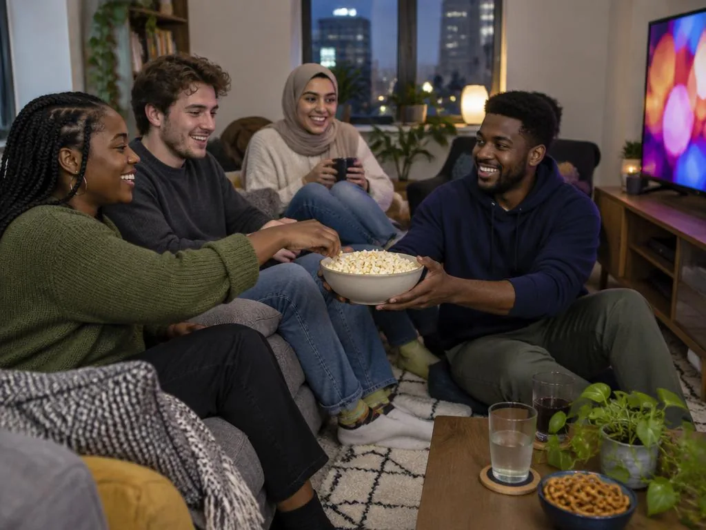 Diverse Canadian young adults enjoying entertainment together