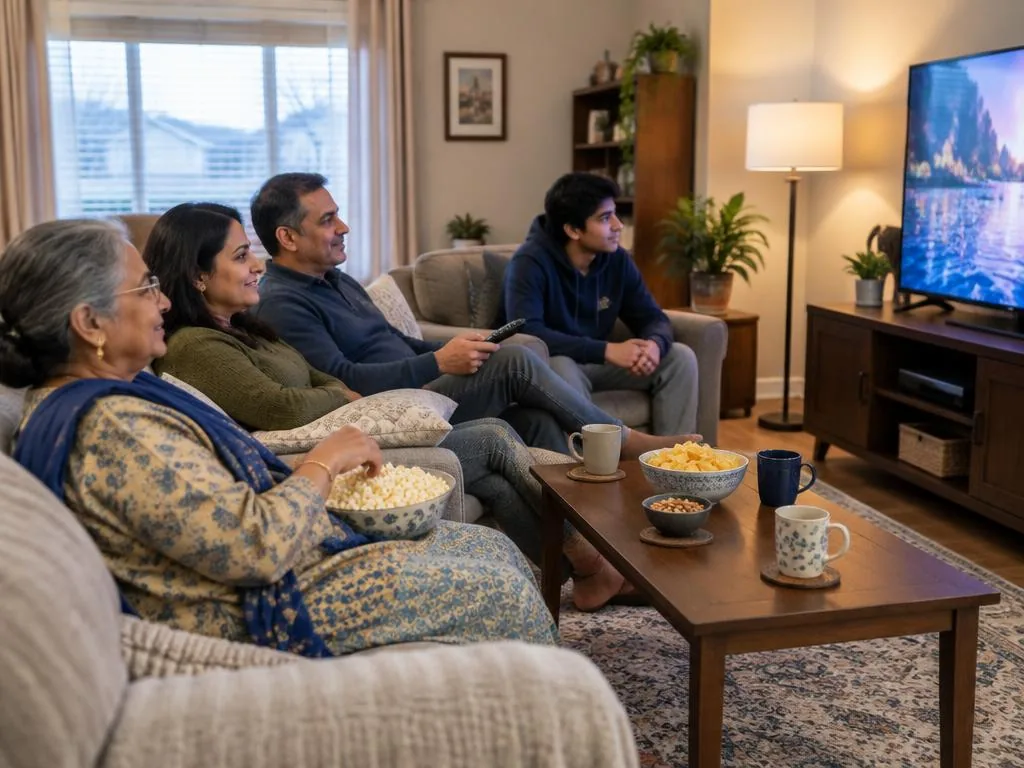 Gujarati Canadian family watching entertainment at home
