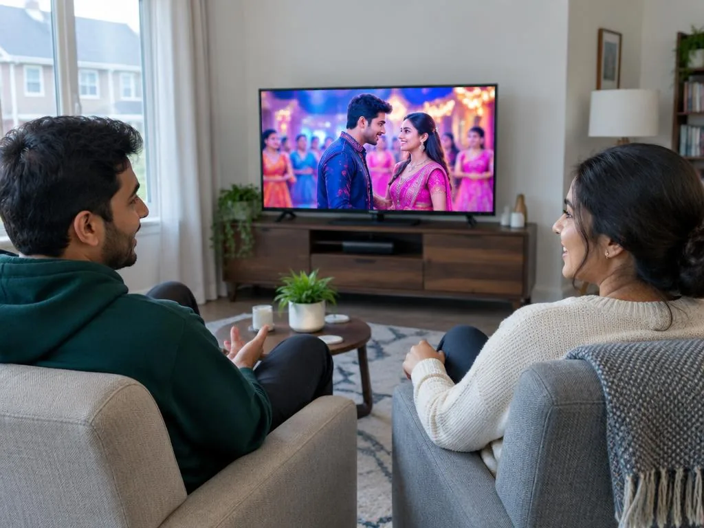 South Asian Canadian couple enjoying Hindi entertainment