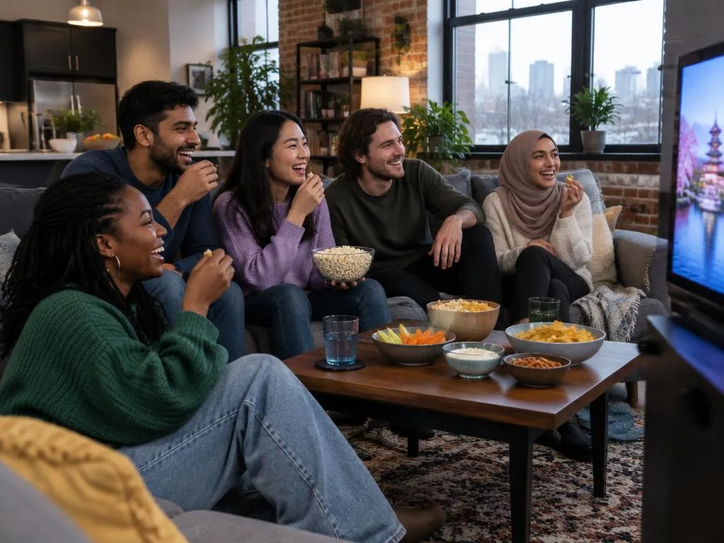 Multicultural Canadian friends enjoying international entertainment