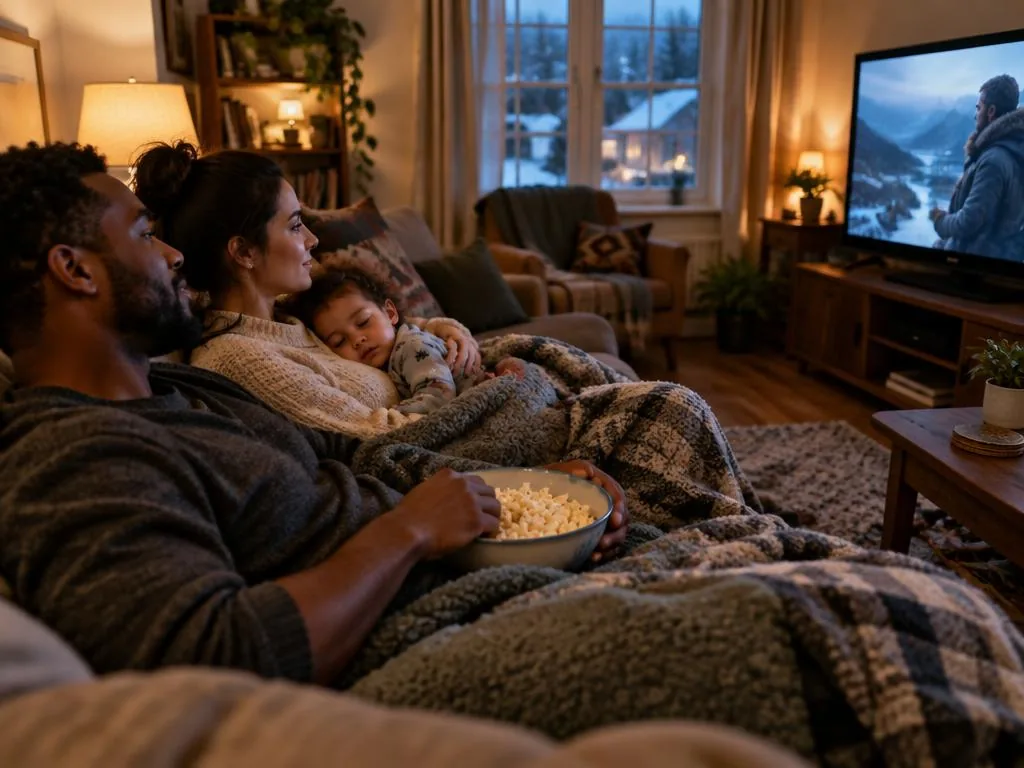 Interracial Canadian couple enjoying a movie with their child