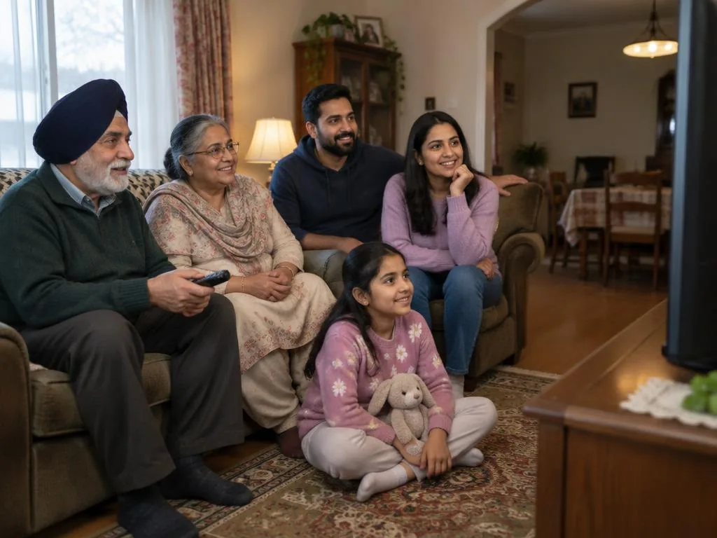 Multigenerational South Asian Canadian family watching television
