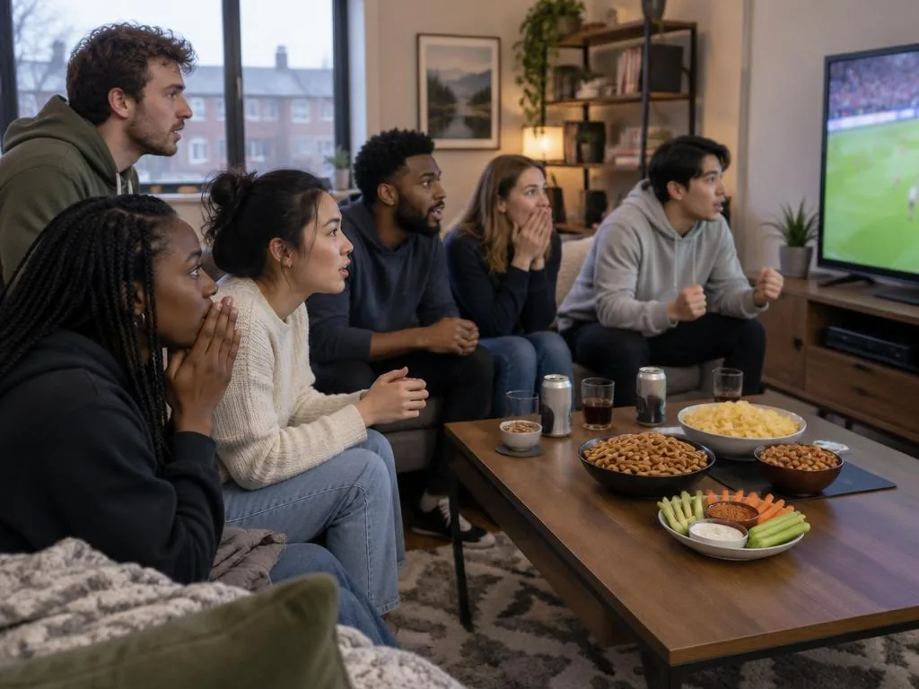 Diverse Canadian friends watching sports in a townhouse den