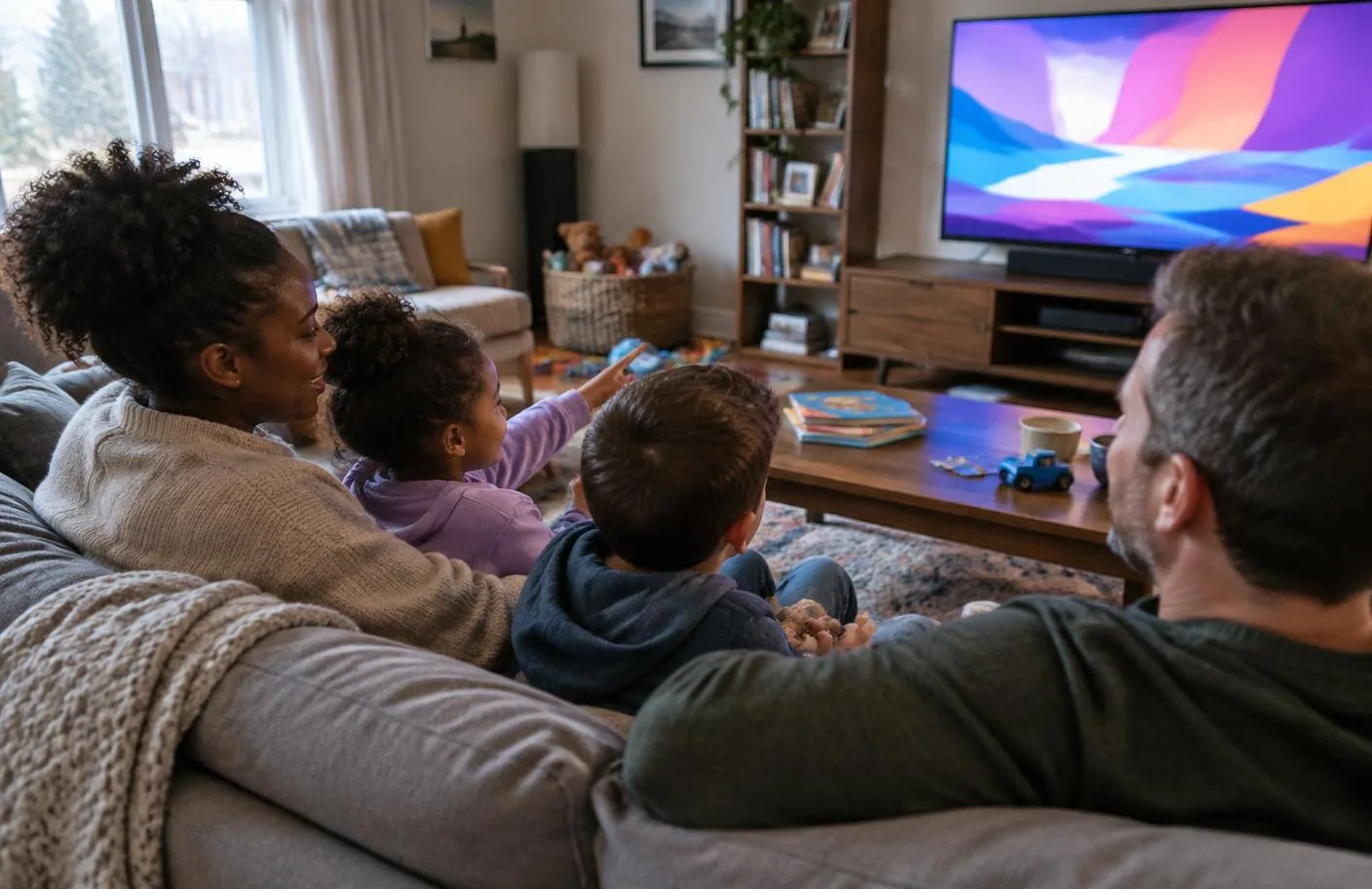 Interracial Canadian family watching television together