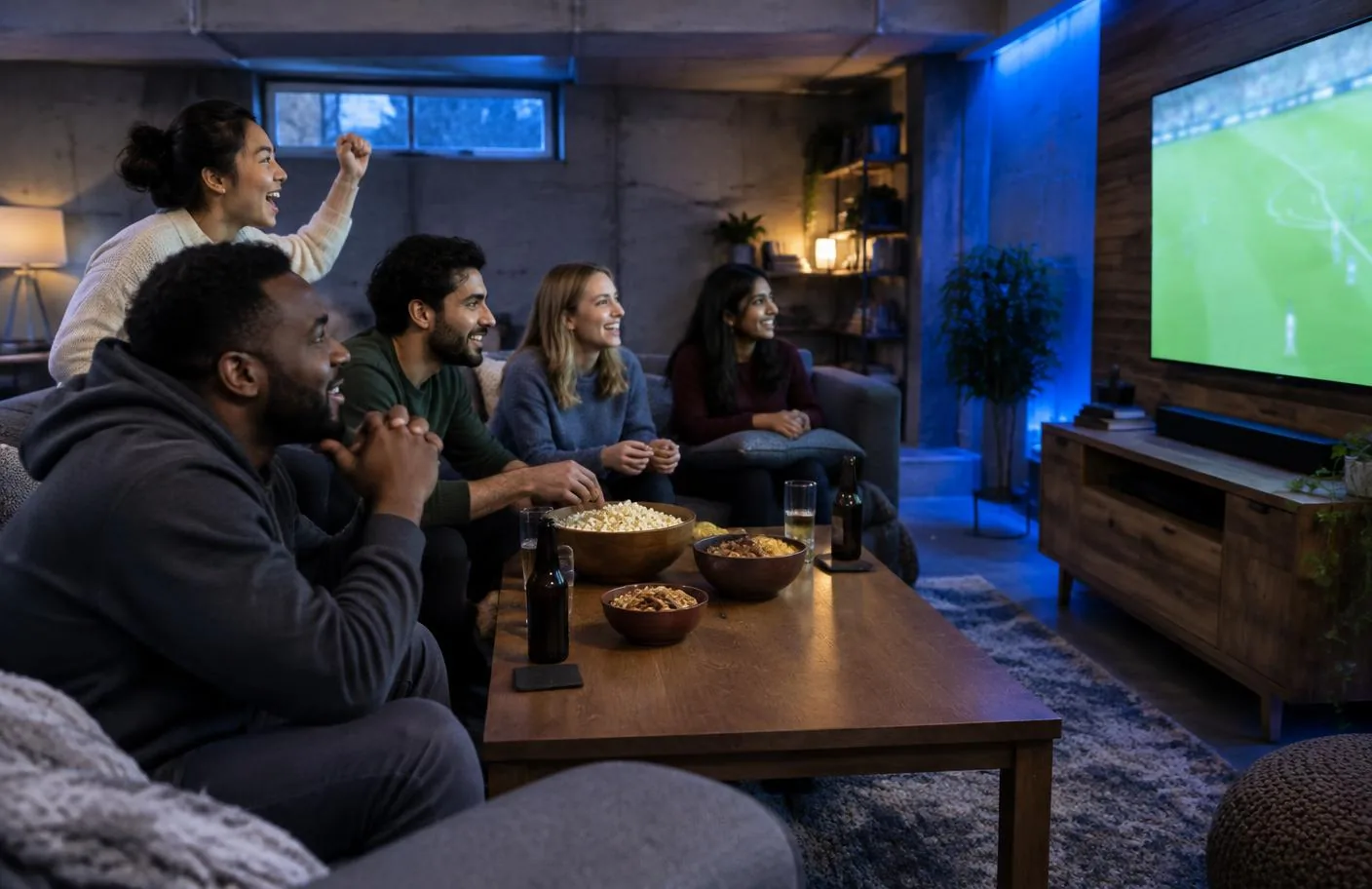 Multicultural Canadian friends watching an exciting sports match at home