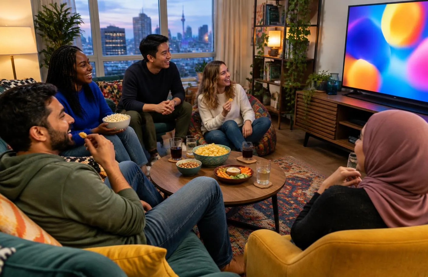 Multicultural Canadian friends enjoying international television together